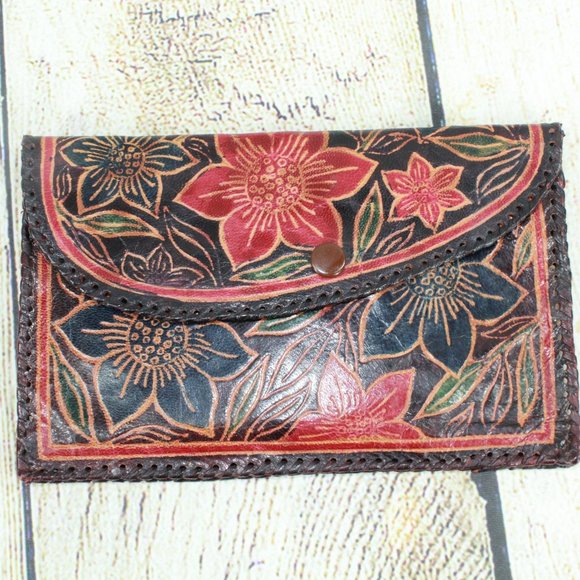 Lot of 3 Vintage Floral Print Handcrafted Sheepskin Leather Wallet Change Purse - Picture 3 of 15